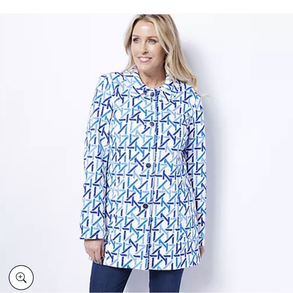 Dennis Basso Button Front Jacket-Blue/White